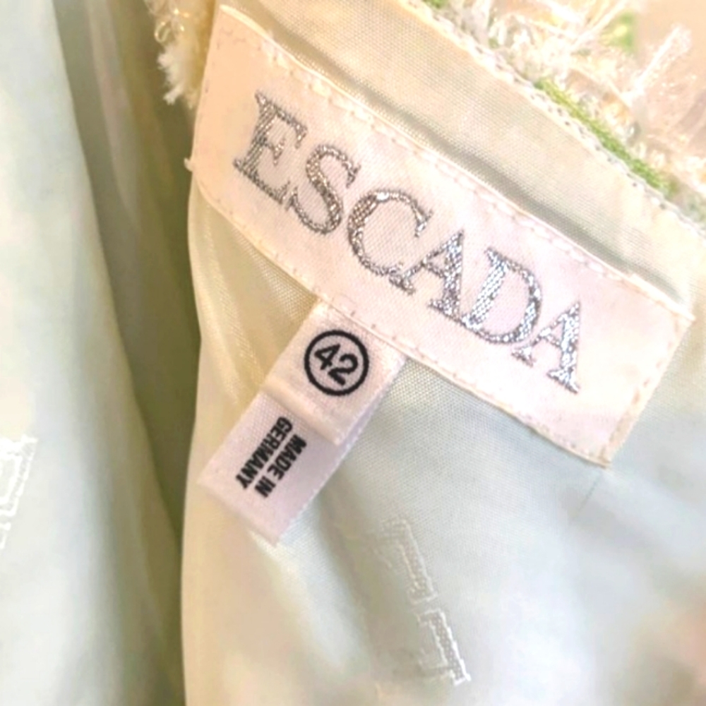 SOLD! ESCADA 8- 12 TWEED BOUCLE GREEN WHITE EYELASH WOOL COTTON SKIRT DRESS SUIT - Picture 9 of 11